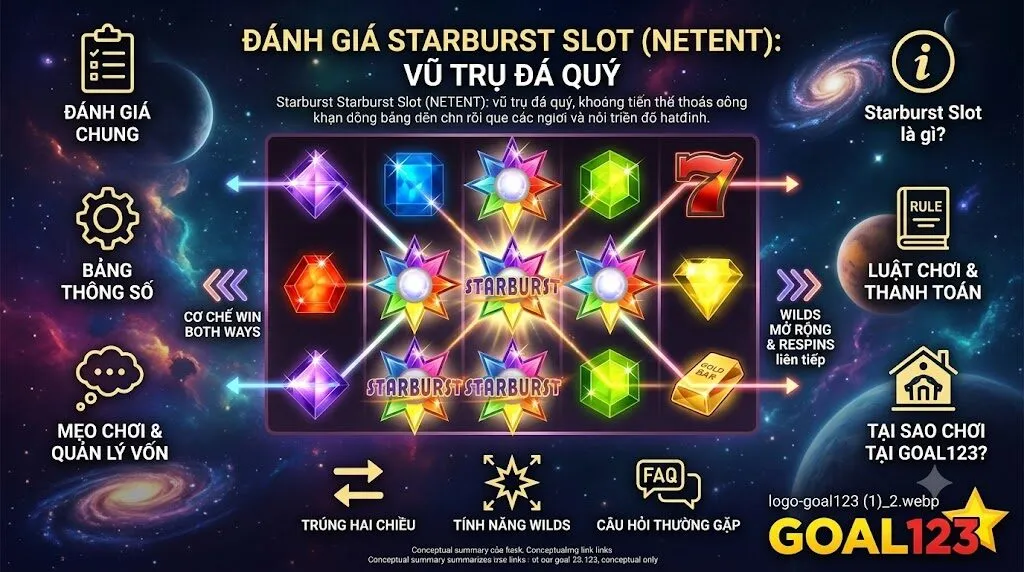 Đánh giá chi tiết game nổ hũ Starburst Slot của NetEnt với chủ đề vũ trụ đá quý lấp lánh tại nhà cái Goal123.